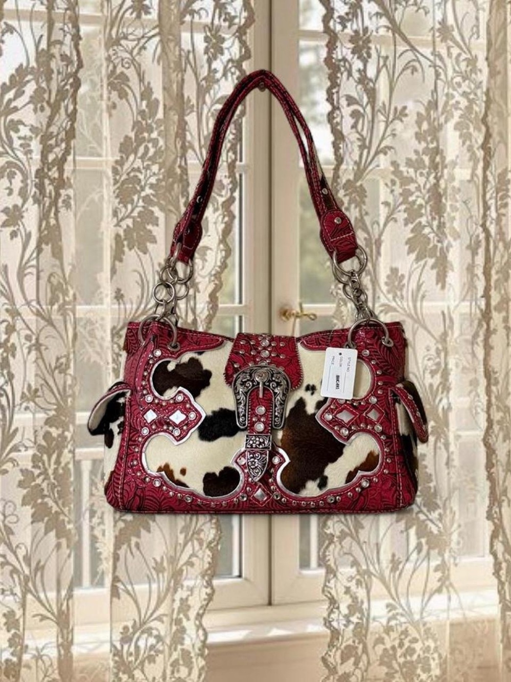 Vintage Y2K Deadstock Faux Cowhide Rhinestone Studded Mcbling Shoulder Bag